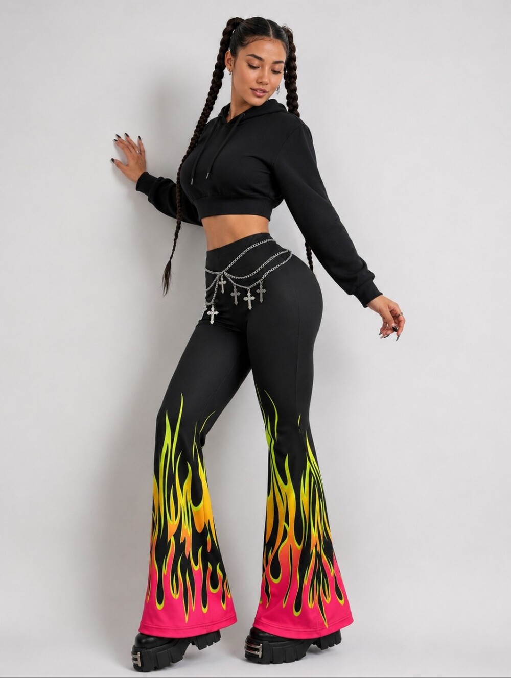 NEON FLAME STRETCH FLARE LEGGINGS WOMEN'S LARGE NWT - Picture 3 of 4